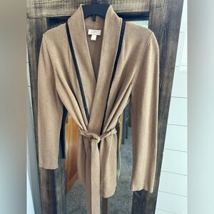 Ann Taylor LOFT Camel Cardigan Sweater Faux Leather Trim Belted Open Front L